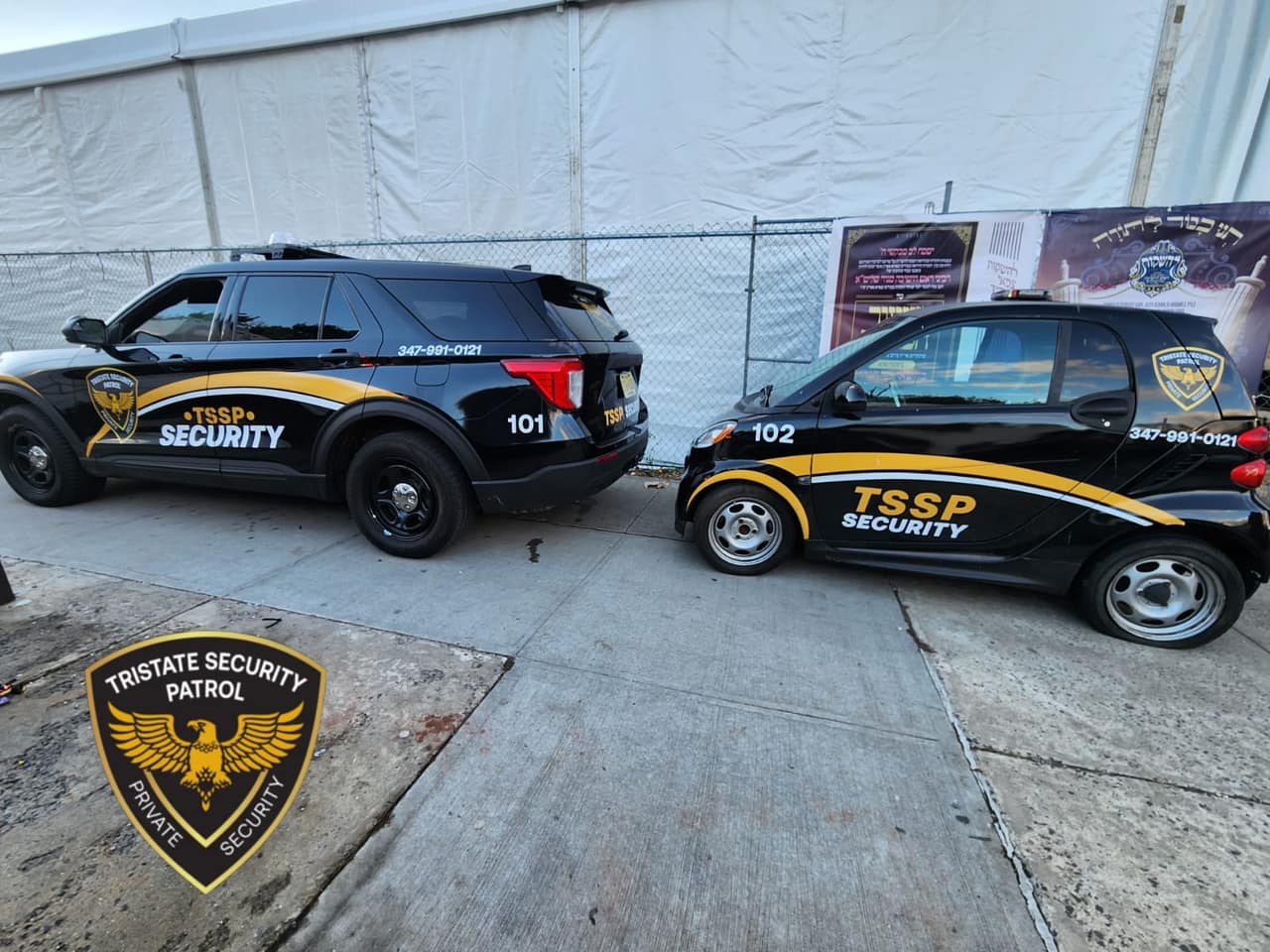 Tristate Security Patrol marked vehicles lined up as a fleet