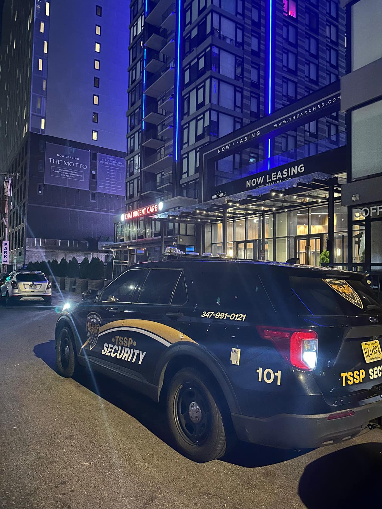 Tristate patrol unit making an overnight pass at a residential high-rise